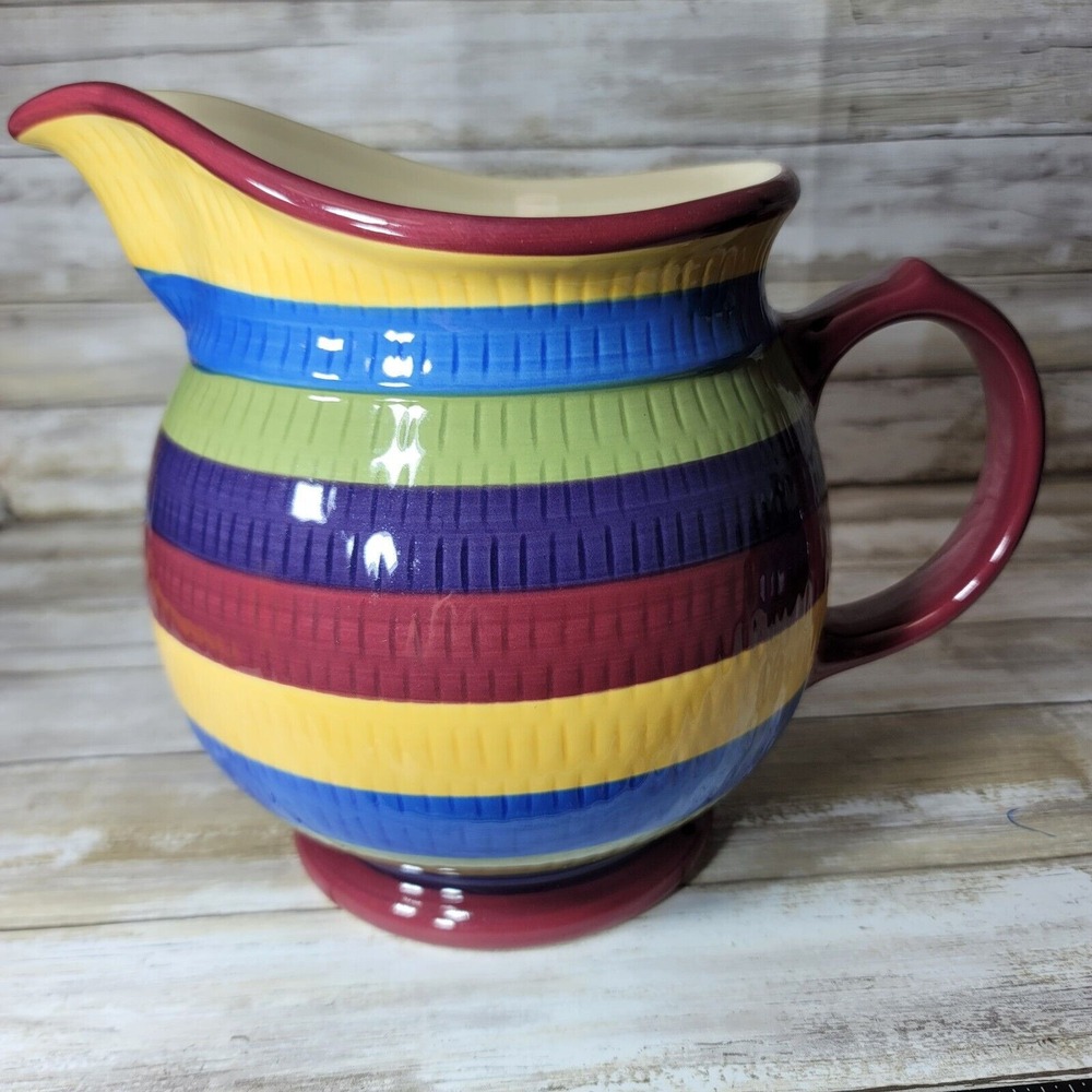 Longaberger Pottery Cabana Stripes Large Pitcher Country Canister‎ 2 Quart